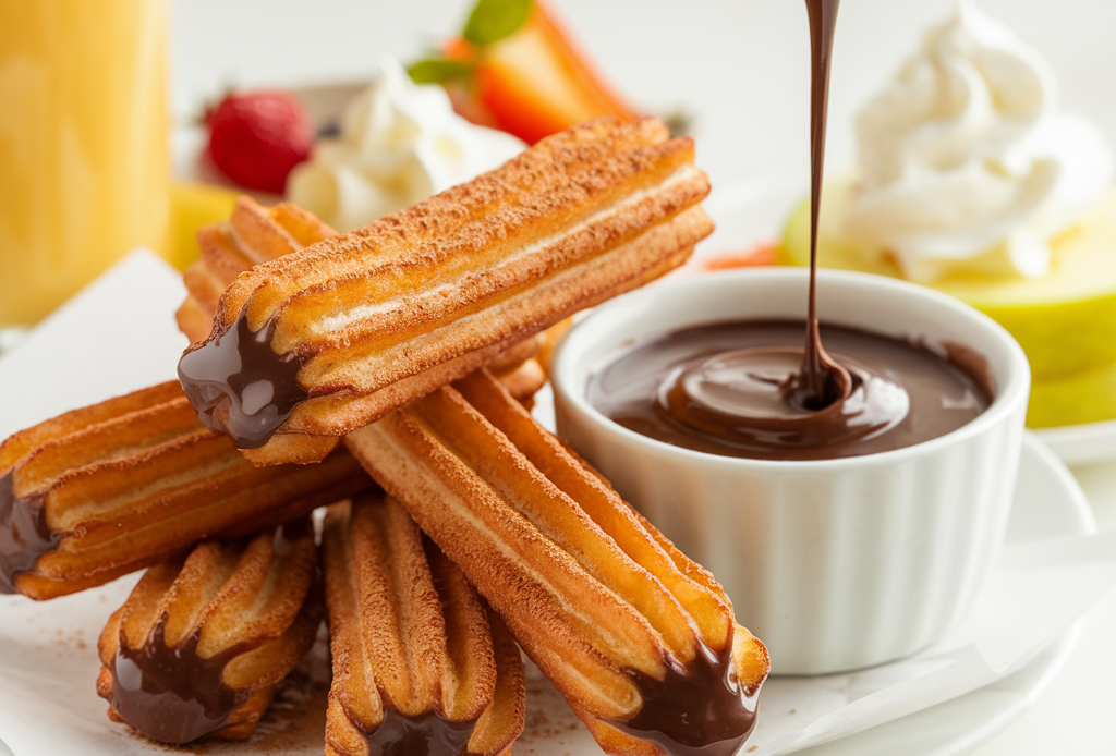 Knusprige selbstgemachte Churros, bestreut mit Zimt und Zucker, serviert mit einer cremigen Schokoladensauce in einer kleinen Schüssel. Perfekt für süße Genießer und gemütliche Momente.
