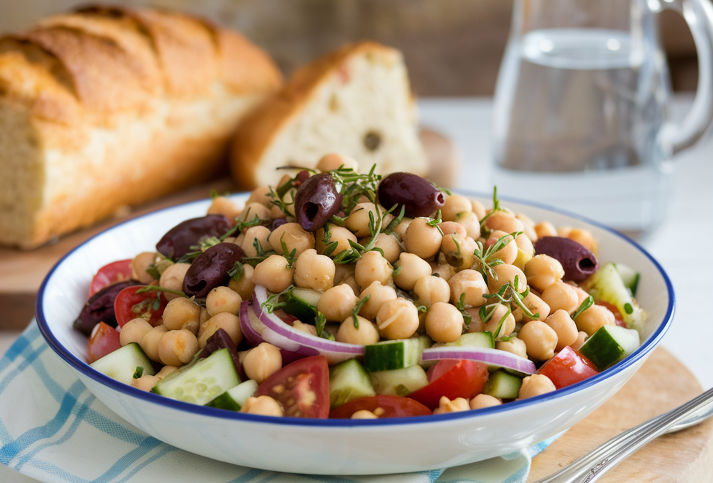 Ein frischer Mediterranean Chickpea Salad mit Kichererbsen, Gurken, Tomaten, Fetawürfeln und Petersilie, serviert in einer weißen Schüssel auf einem Holztisch. Perfekt für gesunde Mahlzeiten und schnelle Rezepte.