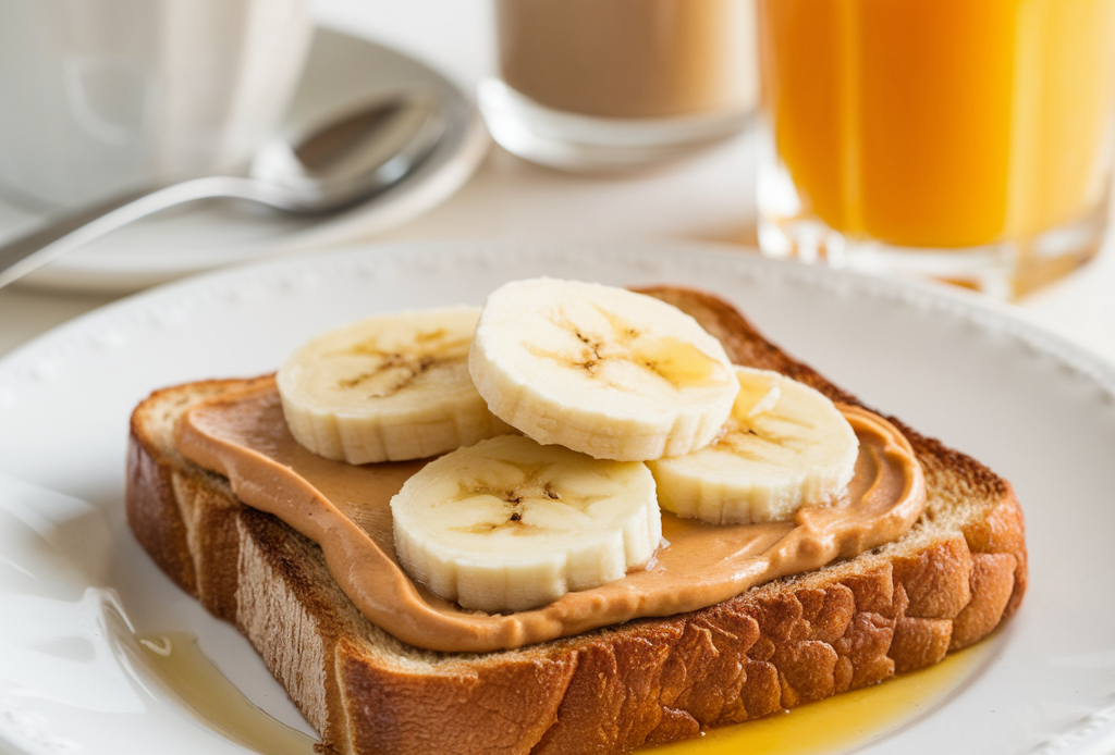 Leckerer Peanut Butter Banana Toast mit cremiger Erdnussbutter, frischen Bananenscheiben und einer Prise Honig – perfekt für ein schnelles und gesundes Frühstück.