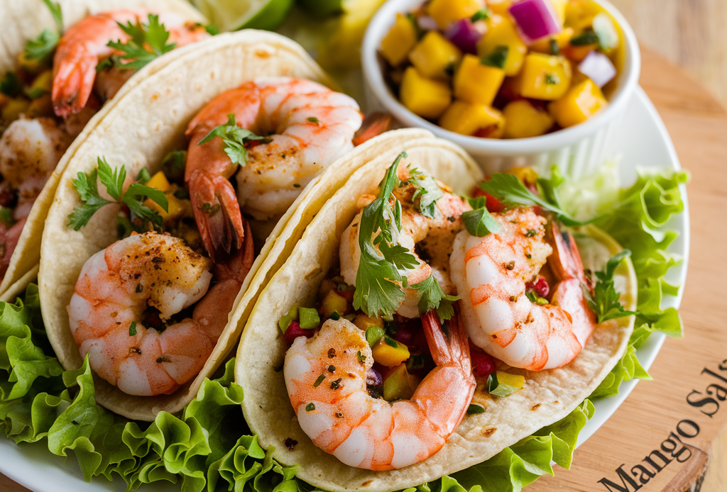 Saftige Spicy Shrimp Tacos mit Mango Salsa auf einem Holzbrett serviert, garniert mit frischem Koriander und Limettenspalten. Perfekt für ein sommerliches Gericht oder als Party-Häppchen.