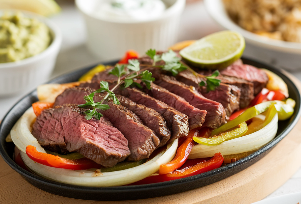 Saftige Steak Fajitas mit gegrilltem Rindfleisch, buntem Paprika und Zwiebeln in einer heißen Pfanne serviert – perfekt für ein schnelles Tex-Mex-Erlebnis