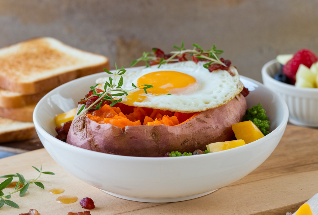 Leckere Sweet Potato Breakfast Bowl mit gebackener Süßkartoffel, frischen Beeren, Avocado und Granola – perfekt für ein gesundes und nahrhaftes Frühstück.
