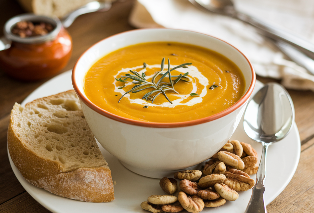 Velvety Butternut Kürbissuppe in einer weißen Schüssel serviert, mit frischen Kräutern und gerösteten Kürbiskernen garniert. Perfekt für die Herbstküche und ideal als gesundes Komfortessen.