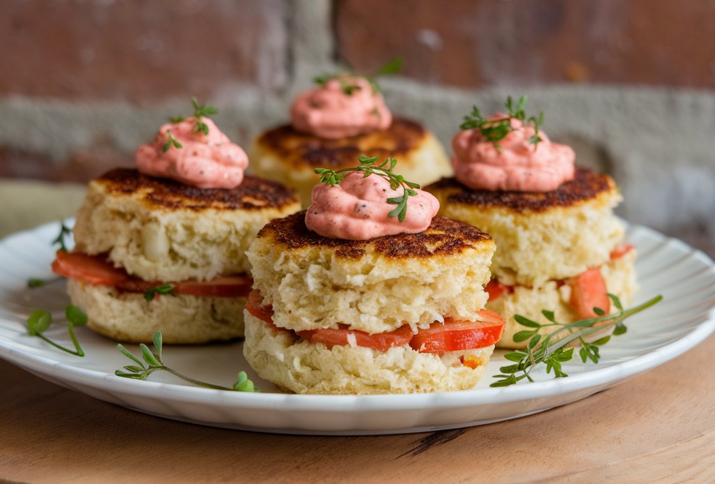 Crab Cake Sliders mit Spicy Remoulade – kleine, saftige Krabbenkuchen auf weichen Brötchen, serviert mit einer würzigen Remoulade, perfekt für Partys oder als Snack.