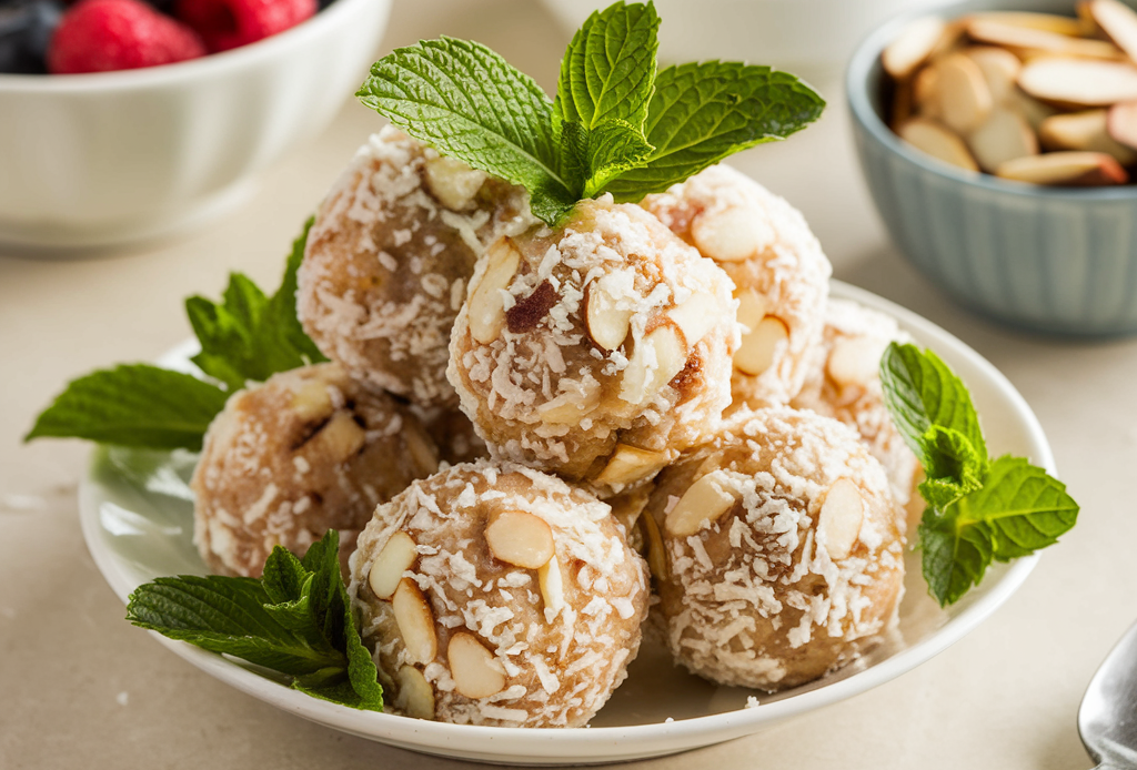 Leckere Almond Coconut Bliss Balls auf einem Holzbrett, dekoriert mit Kokosraspeln und frischen Blättern – der perfekte gesunde Snack. #GesundeSnacks #NoBakeRezepte