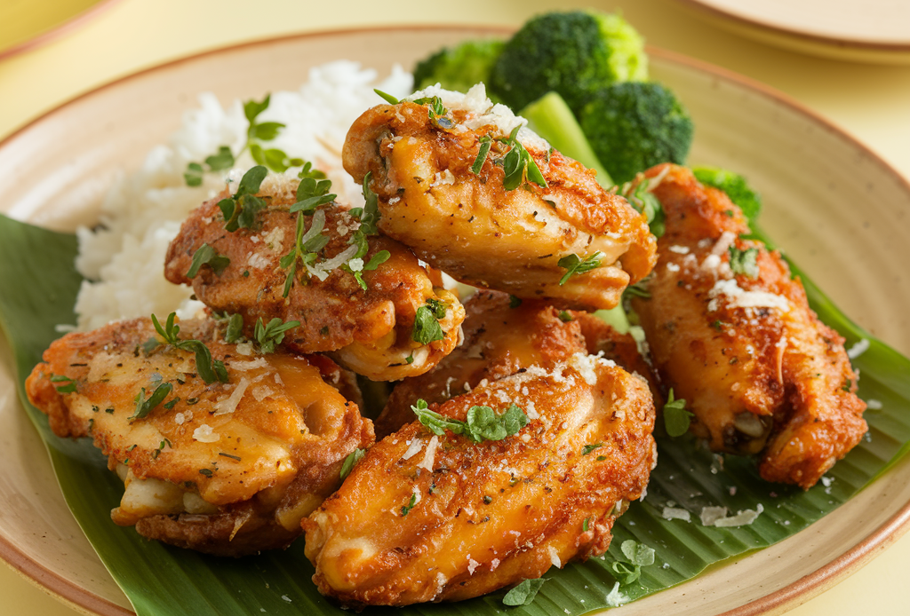 "Knusprige Hähnchenflügel mit einer cremigen Garlic-Parmesan-Sauce, garniert mit frisch gehackter Petersilie und extra Parmesan. Die goldbraunen Wings liegen auf einem Holzbrett, umgeben von Zitronenscheiben und Dip-Schälchen.