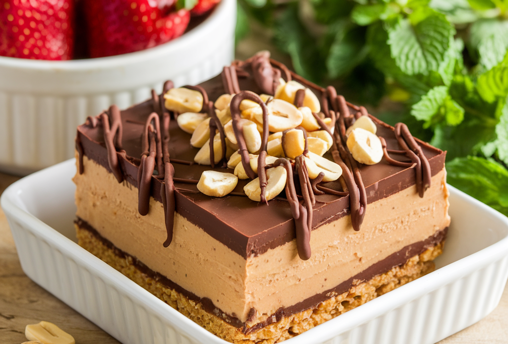 Leckere No-Bake Peanut Butter Chocolate Bars auf einem Holzbrett, dekoriert mit einer Prise Meersalz – perfekt für schnelle Naschereien. #NoBakeDesserts #ErdnussbutterRezepte