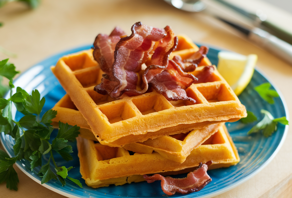Leckere Savory Sweet Potato Waffles mit knusprigem Speck, perfekt für ein herzhaftes Frühstück oder Brunch. Eine gesunde und kreative Kombination aus Süßkartoffeln und Bacon