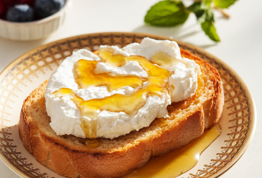 Leckerer Ricotta and Honey Toast mit cremiger Ricotta, flüssigem Honig und frischen Beeren – perfekt für ein schnelles und gesundes Frühstück.