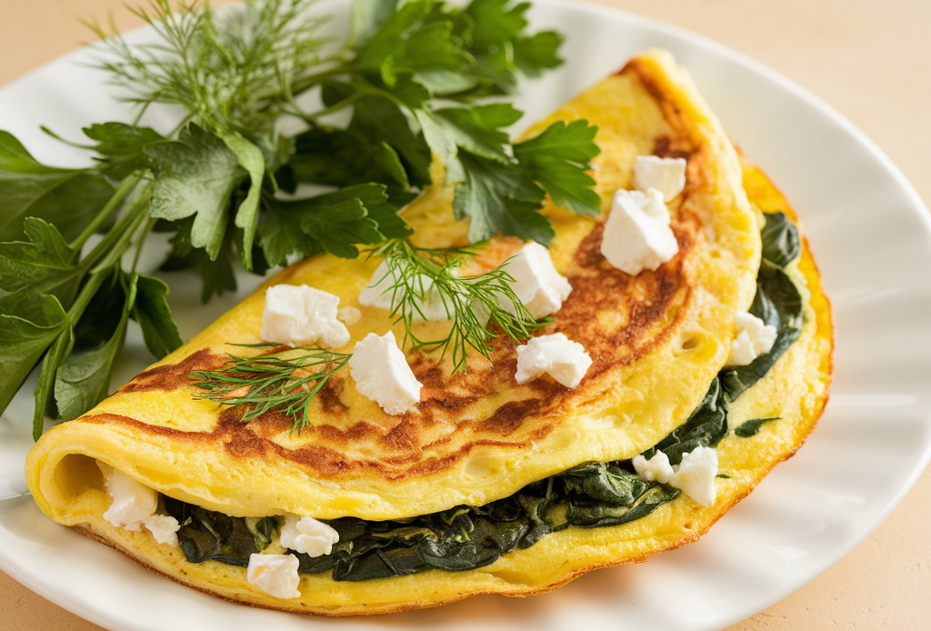 Leckere Spinach and Feta Omelette mit frischem Spinat, cremigem Feta-Käse und fluffigen Eiern – perfekt für ein gesundes Frühstück oder Brunch