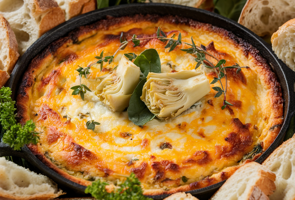 Käsiges Spinat-Artischocken-Dip in einer Auflaufform serviert, mit goldbraunem Käse überzogen und umgeben von knusprigen Tortilla-Chips.