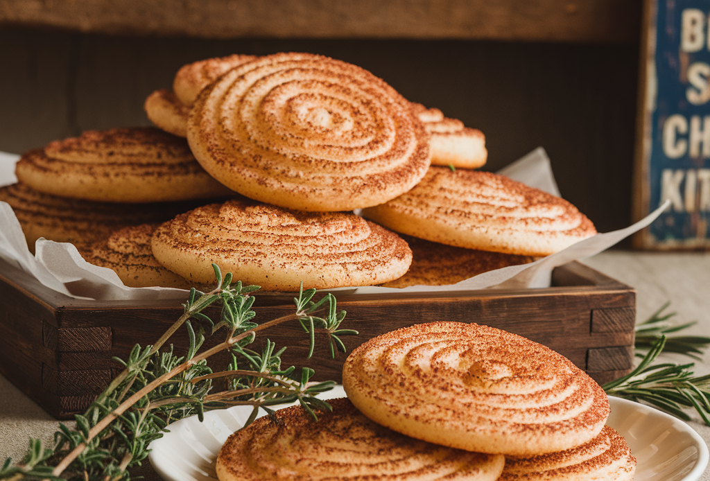 Klassische Snickerdoodle Cookies auf einem Holzbrett angerichtet, mit einer leichten Zimtnote und knusprigen Rändern. Perfekt für gemütliche Nachmittage oder als Geschenk aus der Küche.