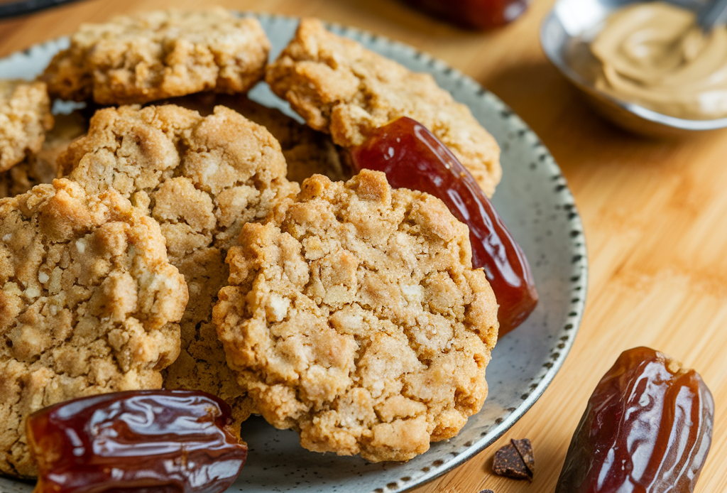 Tahini Date Cookies auf einem Holzbrett angerichtet, mit einer Tasse Tee daneben. Gesunde, nussige Kekse mit natürlicher Süße aus Datteln – perfekt für Naschkatzen und gesundheitsbewusste Genießer.