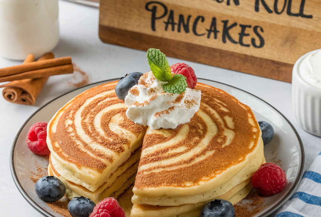 Leckere Cinnamon Roll Pancakes mit Zimtfüllung und cremiger Glasur, perfekt für ein genussvolles Frühstück oder Brunch.