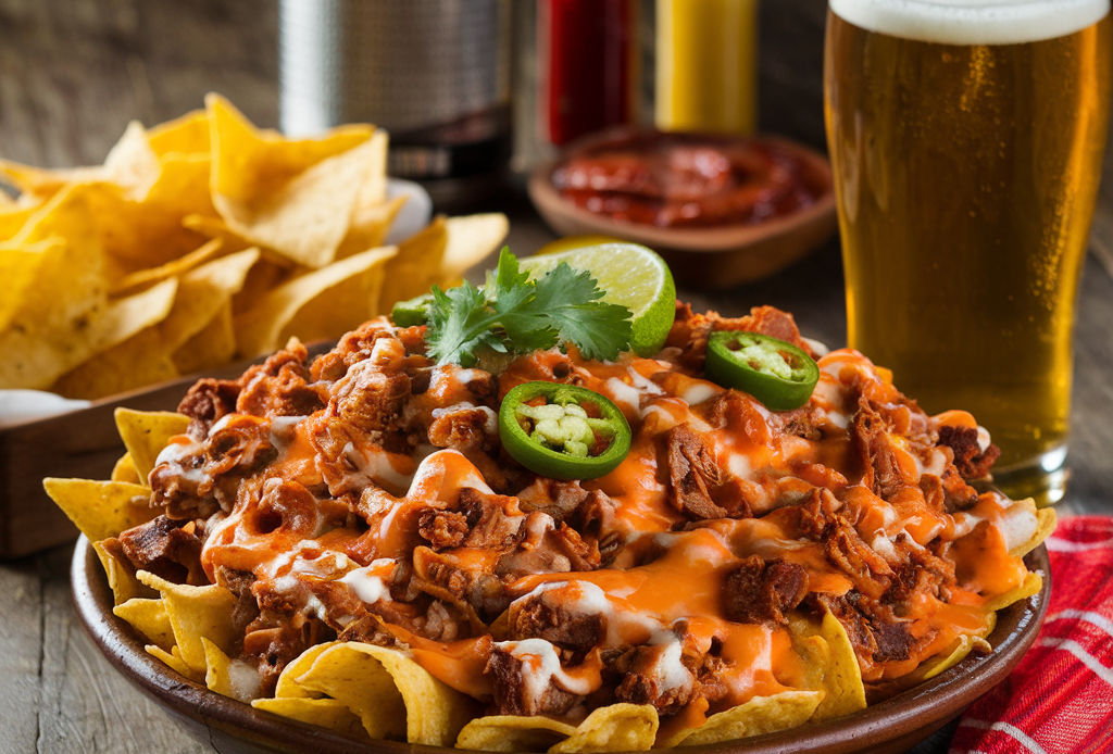 Game Day Hero: Loaded Nachos Supreme – knusprige Tortilla-Chips üppig belegt mit geschmolzenem Käse, Hackfleisch, frischen Toppings und cremigen Saucen, perfekt für Parties oder gemütliche Abende.
