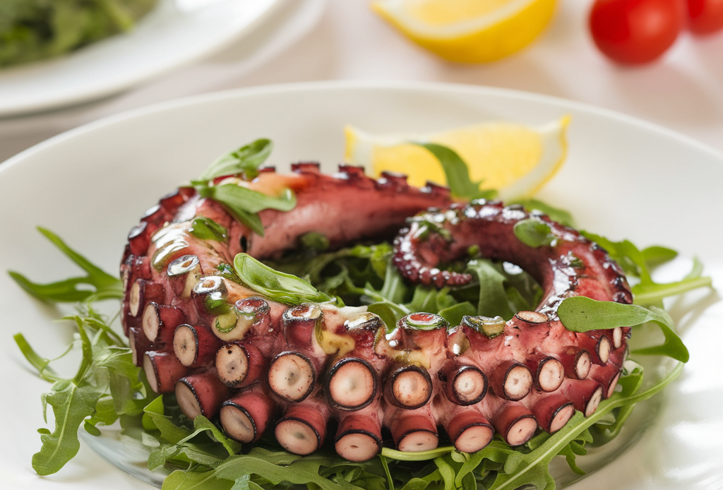 Gegrillter Kraken-Salat mit Zitrone & Rucola – zarte gegrillte Tintenfischstücke auf frischem Rucola, serviert mit einer spritzigen Zitronenvinaigrette, perfekt für ein leichtes Mittagessen oder eine sommerliche Vorspeise.
