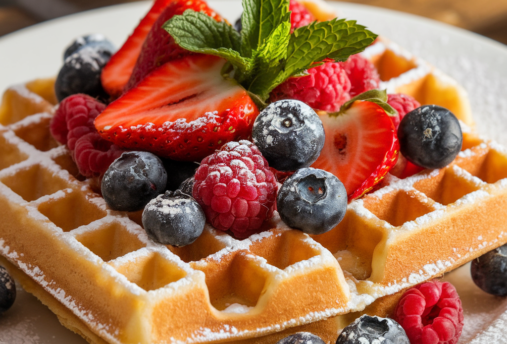 Knusprige selbstgemachte belgische Waffeln mit einer Fülle frischer Beeren, garniert mit Puderzucker und einem Klecks Schlagsahne. Perfekt für ein süßes Frühstück oder Dessert.