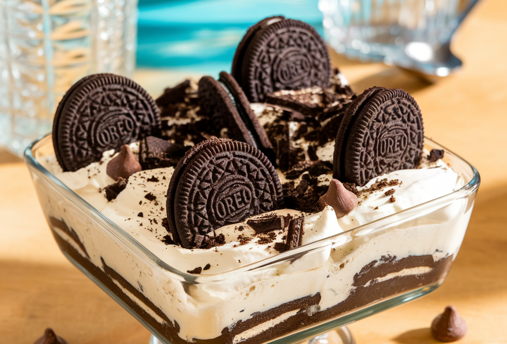 No-Bake Wonder: Oreo Cheesecake Bars – Ein unwiderstehliches Dessert mit knuspriger Oreo-Basis, cremiger Frischkäsefüllung und einer glatten Schokoladenschicht. Perfekt für alle, die schnelle und einfache Rezepte lieben!