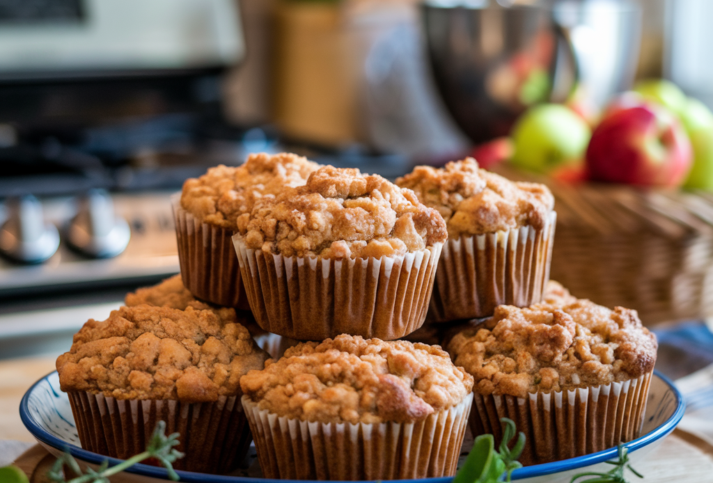 Ein Teller mit selbstgemachten Apfel-Zimt-Streusel-Muffins, die mit einer knusprigen Streuselkruste bedeckt sind. Die Muffins sind goldbraun gebacken und verströmen herbstliche Aromen von frischen Äpfeln und Zimt.