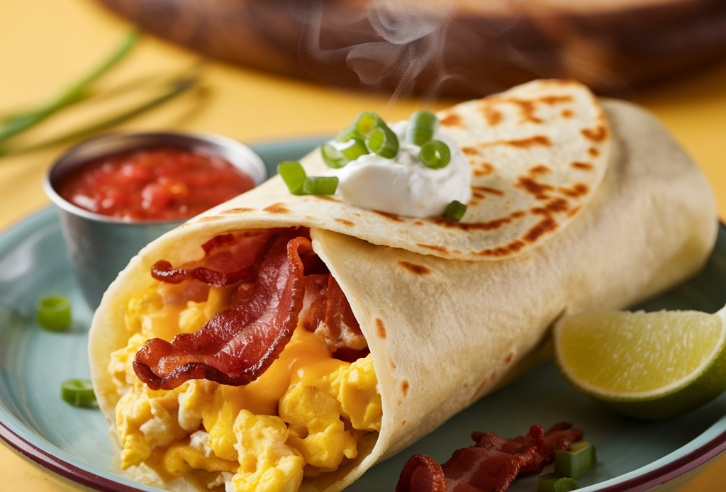 Leckerer Savory Breakfast Burrito mit Rührei, geschmolzenem Käse, knusprigem Speck und frischem Gemüse – perfekt für ein sättigendes und herzhaftes Frühstück.