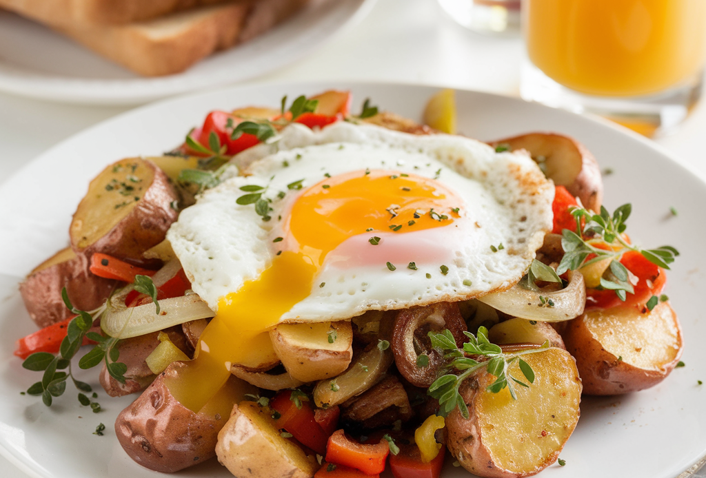 Ein herzhaftes Savory Breakfast Hash mit knusprigen Kartoffeln, Paprika, Zwiebeln und einem pochierten Ei, serviert in einer gusseisernen Pfanne. Perfekt für ein ausgiebiges Frühstück oder Brunch.