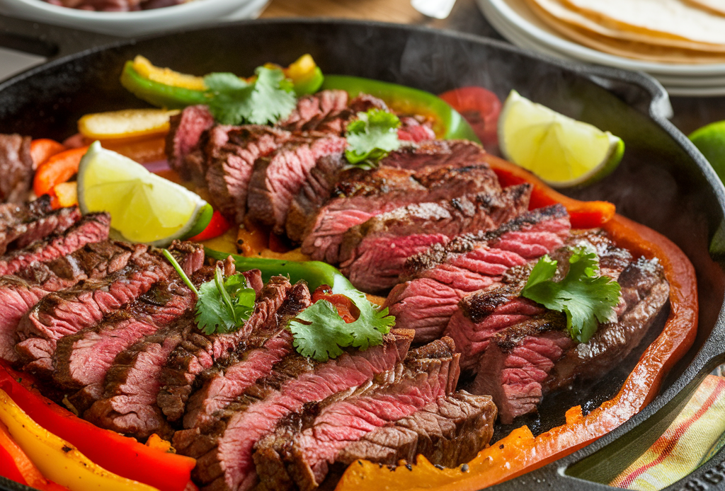 Leckere Sizzling Steak Fajitas mit zartem Steak, knackigem Gemüse und würzigen Aromen, perfekt in Tortillas verpackt. Ideal für eine Tex-Mex-Nacht zu Hause! 🌶️🥩 #SizzlingSteakFajitas #TexMexRezepte