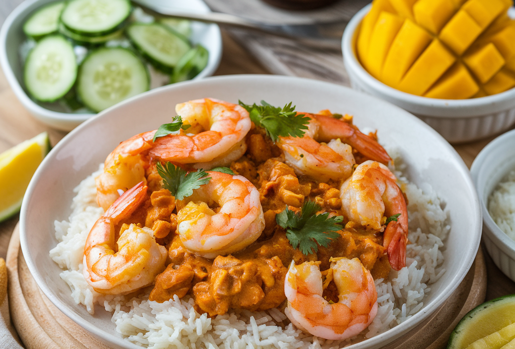 Eine Schüssel mit scharfem Kokos-Shrimp-Curry, gefüllt mit saftigen Garnelen in einer cremigen Kokosmilch-Sauce. Das Gericht ist garniert mit frischem Koriander und gerösteten Kokosflocken, umgeben von Basmati-Reis und einem Stück Naan-Brot.