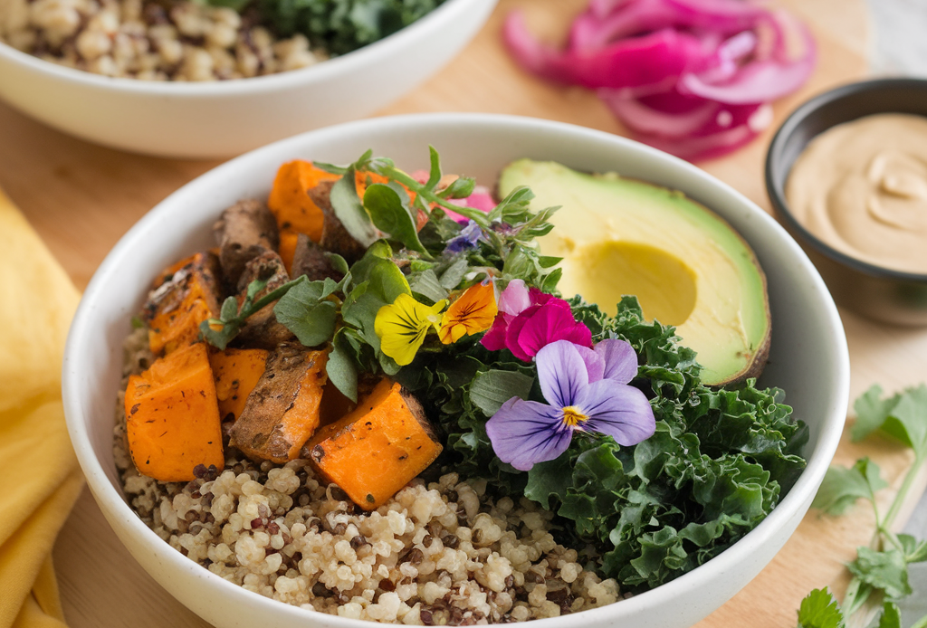 Leckere Vegan Buddha Bowl mit buntem Gemüse, nahrhaftem Quinoa und cremigem Avocado-Dressing. Perfekt für eine gesunde Mahlzeit voller Frische! 🌈🥗 #VeganBuddhaBowl #GesundeErnährung