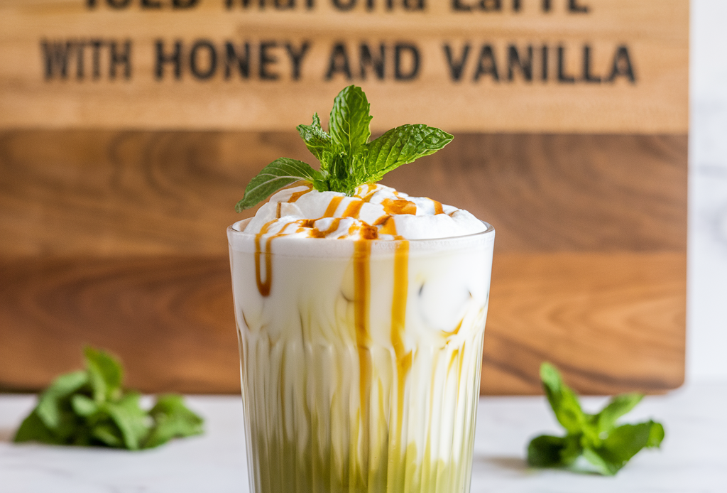 Eine erfrischende Eismatcha-Latte mit Honig und Vanille, serviert in einem stylischen Glas, dekoriert mit einem Matcha-Pulver-Streusel und einer frischen Vanilleschote.