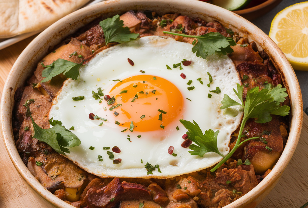 Shakshuka in einer gusseisernen Pfanne – pochierten Eier in einer würzigen Tomatensauce mit Paprika, Zwiebeln und frischem Koriander, garniert mit Feta-Käse. Ein traditionelles Gericht aus dem Nahen Osten, perfekt für Frühstück, Brunch oder Abendessen.