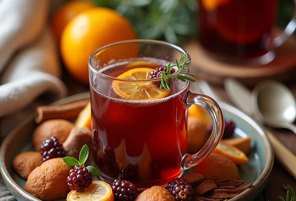 Warm Spiced Mulled Wine for Cozy Evenings – ein dampfender, gewürzter Glühwein mit Zimt, Nelken und frischen Zitrusnoten, perfekt für kalte Winterabende und gemütliche Stunden."